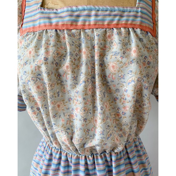 Vintage 1970s Blue Pink Floral Patchwork Tiered Ruffled Maxi Dress Small Medium - Picture 5 of 10